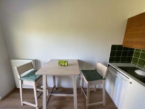 a small kitchen with a table and two chairs at Private Garden Apartment near Bad Schallerbach in Wallern an der Trattnach +5 photos