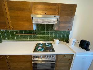 a small kitchen with a stove and green tiles at Private Garden Apartment near Bad Schallerbach in Wallern an der Trattnach