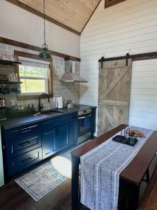 a kitchen with blue cabinets and a sink and a table at By the Docks Knox in Knoxville