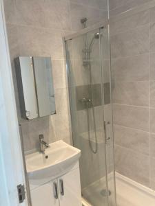 a bathroom with a shower and a sink at Chestnut Villa in Epsom