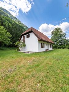 a white house in a field with a grass yard at House Flajs - secluded 2BR Surrounded by Forest in Soča