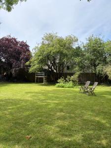 two chairs sitting in the grass in a yard at River Cabin Retreat in Shepperton