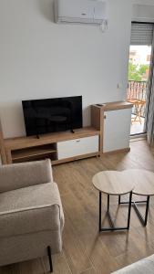 a living room with a couch and a tv and a table at Apartman 38 in Stara Pazova