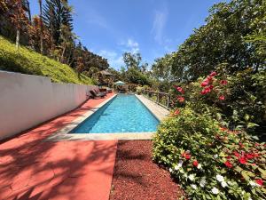 a swimming pool in a garden with flowers at Marjorie's Kauai Inn in Lawai