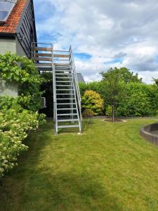 a ladder sitting in the grass next to a house at Heuvelzicht in Wortegem +1 photo