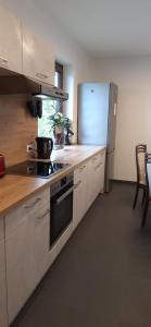 a kitchen with a stove and a refrigerator at Urlaub by Julka in Ledenitzen