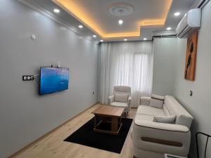 a living room with a couch and a tv on a wall at Bediroğlu Airport Apart in Arnavutköy