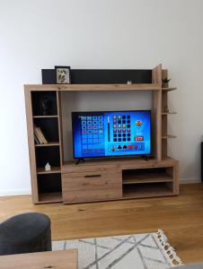 a television in a wooden entertainment center in a living room at Apartman Vida in Novi Pazar