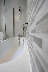 a bathroom with a bath tub with a shower and a toilet at Central Penthouse with massive terrace in San Ġwann