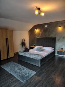 a bedroom with a large bed and a ceiling fan at Vibe House Madisson in Braşov