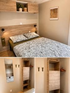 a bedroom with a bed and wooden walls at Tolles Mobilheime in super Strandnähe in Saint-Raphaël