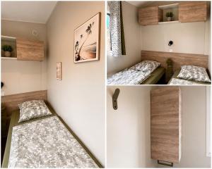 a small room with two beds and a door at Tolles Mobilheime in super Strandnähe in Saint-Raphaël +15 photos