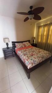 a bedroom with a bed and a ceiling fan at Cozy Suite, Wifi, Ac in Bedroom & 1 Minute Walk to West Coast Beach! in Saint James