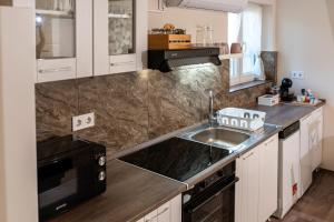 a kitchen with a sink and a counter top at Róna Fénye Vendégház in Sándorfalva