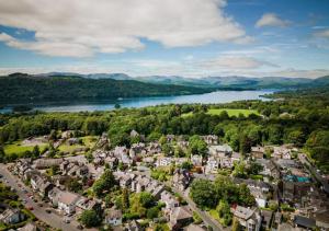 an aerial view of a town next to a river at Queen's Loft in Windermere