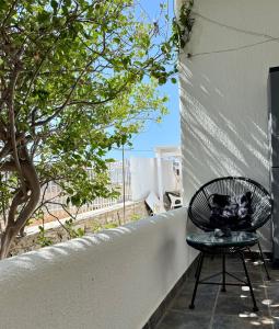 a cat sitting on a chair on a balcony at Olive Nest in Parasporos