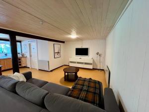 a living room with a couch and a tv at Ferienwohnung Runeholm in Fjälster