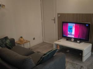 a living room with two couches and a flat screen tv at Studio Istres in Istres