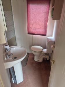 a bathroom with a toilet and a sink and a pink window at Puy Rond Camping in Bressuire +21 photos