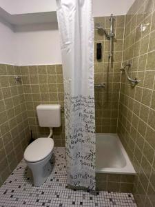 a bathroom with a toilet and a shower at Mocafe Schloßbleiche in Wuppertal