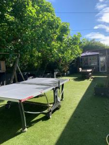 a ping pong table on the grass in a yard at Suite-piscine et jacuzzi sous les étoiles - petit déjeuner inclus ou non, et repas froid en option in Septème