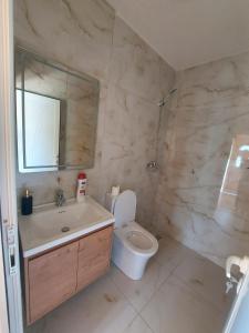 a bathroom with a toilet and a sink and a mirror at Villa Sajmo in Koman