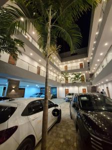 two cars parked in a parking lot with a palm tree at NOVO HOTEL in Conceição do Coité