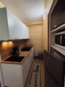 a small kitchen with white cabinets and a microwave at L'Esprit Boisé in Ustou