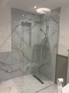 a shower with a glass door in a bathroom at Hughie Toms Cottage in Greencastle +8 photos