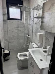 a white bathroom with a toilet and a sink at Bran Apartments in Star Dojran +23 photos