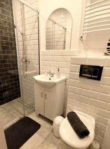a bathroom with a sink and a toilet and a shower at Cherry Tree Cozy Rooms in Gdańsk