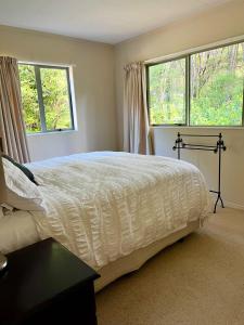a bedroom with a large bed and two windows at Secluded Bush Retreat in Hikuai +27 photos
