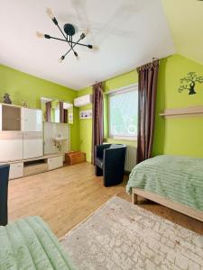 a bedroom with green walls and a bed and a window at Am Berg und See in Stemwede