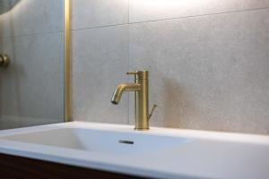 ein Waschbecken mit einem goldenen Wasserhahn in einem Badezimmer in der Unterkunft Century 2A 0201 in Wenduine + 11 Fotos