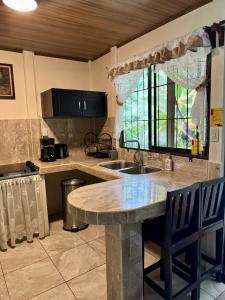 a kitchen with a counter and a sink and a window at Arboleda House by the River, Forest with Jacuzzi and A C in San Francisco
