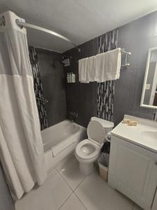 a bathroom with a toilet and a tub and a sink at Renovated Beachfront Condo with Balcony in Sunny Isles Beach +4 photos