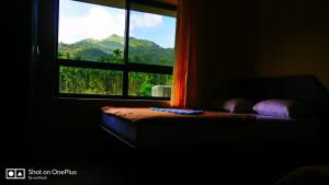a bedroom with a window with a view of a mountain at Horanadu Sanman residency in Kalasa