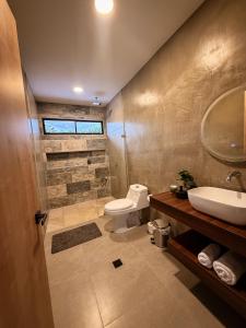 a bathroom with a sink and a toilet and a mirror at Hotel Oasis AYA FE in San Isidro de El General +12 photos