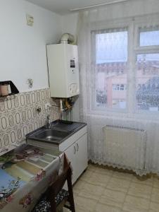 a kitchen with a sink and a window at Apartament in Fălticeni
