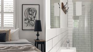 a bathroom with a shower and a bedroom with a bed at Piccadilly House Daylesford in Daylesford +71 photos
