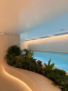 a swimming pool in a building with plants at Suite de Lujo la Carolina in Quito