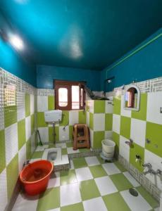 a green and white bathroom with a toilet and a sink at A Sappers Dream House Markoot Gurez in Gurais
