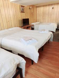 three beds in a room with wood paneled walls at Beautiful Family-Friendly privet basement in Brossard