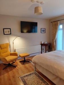 a bedroom with a bed and a chair and a tv at Turnpike Mews in Birr