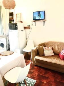 a living room with a couch and a tv on a wall at T2 Hyper centre le mont dore face thermes et cure in Le Mont-Dore
