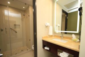 a bathroom with a sink and a shower and a mirror at Holiday Inn Leon, an IHG Hotel in León