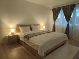 un dormitorio con una cama con dos lámparas y una ventana en Apartament Theodora, en Curtea de Argeş