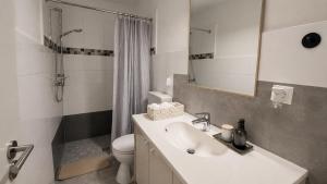 a bathroom with a sink and a toilet and a shower at Ferienwohnung an der Steinmauer in Bad Kissingen