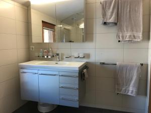 y baño con lavabo blanco y espejo. en Ferienwohnung Ursis Stall, en Münster