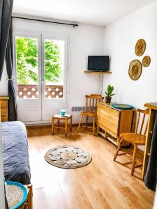a living room with a bed and a tv at Cozy studio in La Foux
